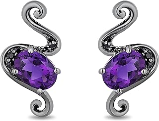 Push Back Sterling Silver Ursula Stud Earrings with Amethyst & Black Diamonds for Disney Enthusiasts, Oval Design by Jewelili Enchanted Disney Fine Jewelry