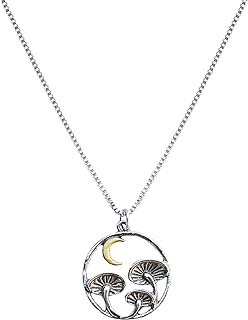 Mushroom Pendant Necklace for Women and Girls - Zinc Alloy Vintage Charm with Crescent Moon Design - Lobster Clasp Cuban Chain Necklace - Hypoallergenic Mushroom Charm Jewelry for All Occasions