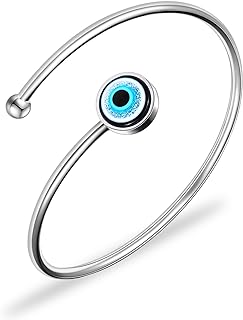 Lucky Turkish Blue Evil Eye Open Bangle Bracelet, Stretch Stainless Steel Stretch Evil Eye Bracelets Jewelry Gift for Women Girls, mal de ojo Protection Bracelets
