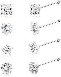 Sllaiss Hypoallergenic 22G Sterling Silver Nose Ring Studs with 3mm Cubic Zirconia Inlays, Assorted Shapes, for Men and Women - Pack of 8