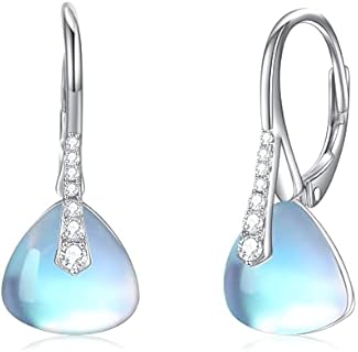 Leverback Moonstone Hoop Earrings in Sterling Silver, Geometric Square/Triangle Design, Perfect Birthday Gift for Women