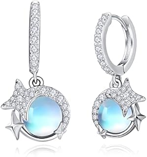 Small Hoop Earrings 925 Sterling Silver Sleeper Earring Moonstone Star Dangle Earrings Hypoallergenic Moonstone Jewelry Gifts for Women
