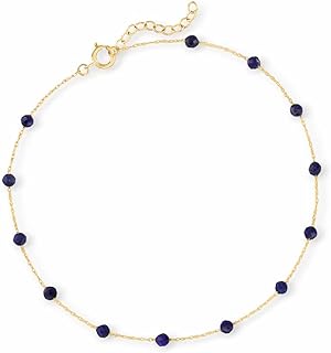 Spring Ring Clasp 10kt Yellow Gold Anklet with Lapis Lazuli Beads, Rope Chain Design for Women, Round Faceted Bead Shape - Canaria Lapis Bead Station Anklet