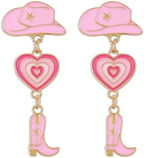 Vintage Western Cowgirl Alloy Dangle Earrings with Pink Heart and French Wire Back Finding, Enamel Design
