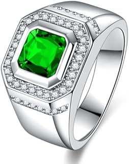 Mens Emerald Ring Sterling Silver/9K/10K/14K/18K Solid White Gold Princess Cut Emerald Wedding Band Ring for Men Emerald Engagement Ring with Moissanite Gemstone Ring for Men Boys Father Son Uncle Free Engraving