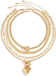 4Pcs Layered Chunky Gold/Silver Heart Necklace Set for Women Girls, Gold Stacked Necklaces Choker Heart Pendant Toggle Clasp Necklace Trendy Costome Jewelry Gift…