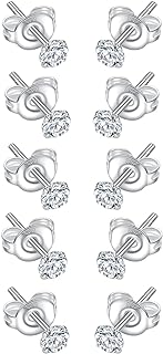 925 Sterling Silver Tiny 2mm 3mm 4mm Stud Earrings for Women: 5 Pairs Cartilage Helix Hypoallergenic Stud Earrings Clear Round CZ Stud Earrings Set for Girls Multiple Piercing