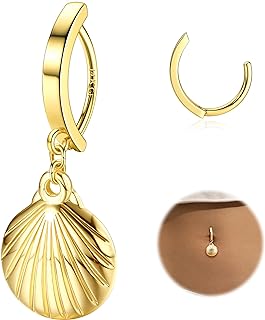 FIBO STEEL 14K Gold Plated Belly Button Rings for Women Clicker Dangle Belly Rings CZ Pearl Star Shells Barbell Navel Rings 316L Surgical Steel Belly Piercing Jewelry 14G