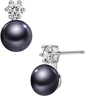 AAA+ Quality Black Pearl Stud Earrings, 7mm Freshwater Cultured Pearls with Cubic Zirconia, Rhodium-Plated Sterling Silver, Post and Nut Back Finding