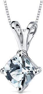 PEORA Solid 14K White Gold Aquamarine Pendant for Women, Genuine Gemstone Birthstone Solitaire, 0.75 Carat Cushion Cut, 6mm