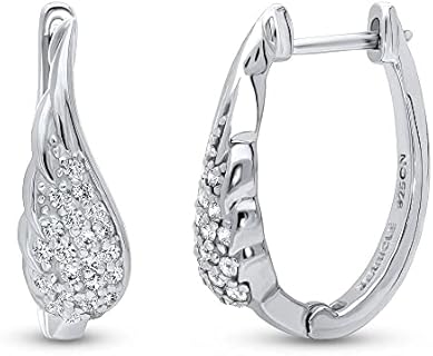 BERRICLE Sterling Silver Oval Cubic Zirconia CZ Angel Wings Medium Fashion Hoop Earrings for Women, Rhodium Plated 0.8"