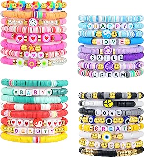 32 Pcs Preppy Jewelry Bracelets for Women Girls Teens Clay Bead Colorful Surfer Heishi Bracelet Set Stackable Beaded Friendship Stretch Bracelets Boho Y2K Summer Beach Elastic Layering Bracelets