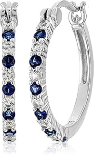 Sterling Silver Alternating Created Blue and White Sapphire Hoop Earrings, metal, corundum
