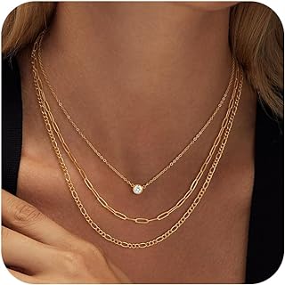 MBW Gold Layered Set Necklaces for Women, Dainty 14K Gold Plated Layered CZ Pendant Necklaces Simple Gold Herringbone Snake Choker Cuban Link Paperclip Chain Necklace Jewelry Sets for Women Girls