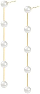 Women's 925 Sterling Silver and 14K Gold-Plated Pearl Dangle Earrings with Push Back Mechanism and Vintage-Inspired Design