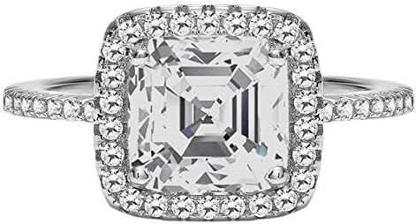 TwoBirch Halo Cushion Asscher Cut Prong Set Engagement Ring in 18k White Gold Plated Sterling Silver and CZ