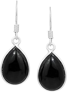 Chic French Wire Black Onyx Stone Drop Earrings for Women, Dangling Pear Shape Design in Silver Plated Setting