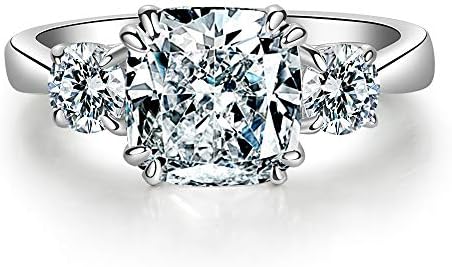 Elegant Rhodium-Plated Three Stone Cushion Cut Solitaire Engagement Ring Adorned with Cubic Zirconia in Classic Design