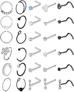 Longita 20g Nose Rings Hoop L Shape Nose Studs Stainless Steel Nose Screw Bone Flat Top Diamond Opal Heart High Nostril Piercing Jewelry Silver Rose Gold Black Pack for Women Men