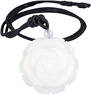Lobster Clasp White Jade Crystal Flower Necklace, Box Chain Type for Women, Handcarved Rose Design