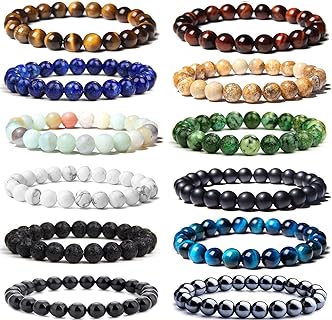 12 Pcs 8mm Gemstones Beaded Bracelets for Men Women Semi-Precious Stone Healing Stretch Round Bead Crystal Bracelets Unisex