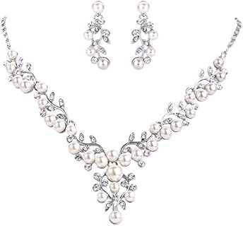 EVER FAITH Women's Crystal Simulated Pearl Leaf Vine Necklace Earrings Set Clear Silver-Tone