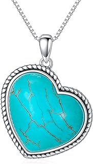 Native American Women's Authentic Sterling Silver Box Chain Necklace with Genuine Heart-shaped Turquoise Pendant