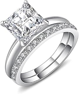 Sterling Silver Princess Cut Cubic Zirconia CZ Solitaire Engagement Ring Set for Women