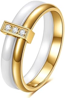 Polished Ceramic and Stainless Steel Wedding Band Ring with Cubic Zirconia for Women, Multiple Sizes Available
