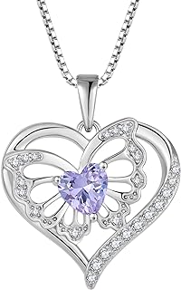 Alexandrite Butterfly Heart Pendant Necklace with Cable Chain & Spring Ring Clasp for Women - 925 Sterling Silver & Cubic Zirconia Jewelry Gift