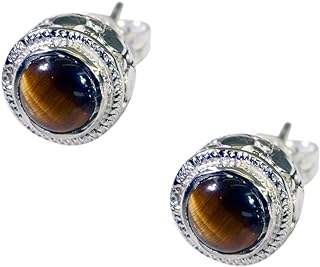 Gemsonclick Genuine Tiger Eye Stud Earring For Women Fashion 925 Sterling Silver Jewelry Round Push Back