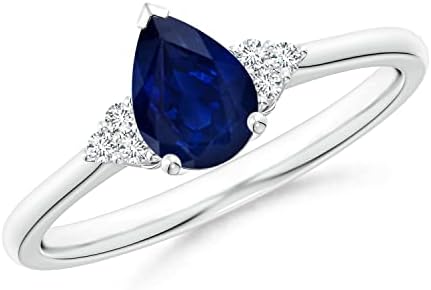 ANGARA Natural Blue Sapphire Pear Shaped Solitaire Ring with Trio Diamond Accents for Women in 14K White Gold (0.75 ct AA Blue Sapphire) - September Birthstone Jewelry Gift for Her | Wedding Anniversary