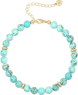 Women's Turquoise Bead Bracelet with Bead Chain and Lobster Claw Clasp, POTESSA Healing Stone Accessory in Yellow Gold