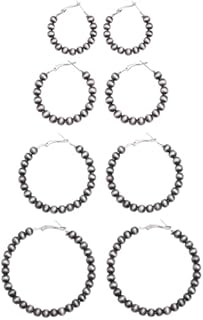 4-Pair Set of Vintage Navajo Hoop Pearl Earrings in Zinc - Western Jewelry Gift Ideal for Women with Cowgirl Charm - Durable Beaded Design