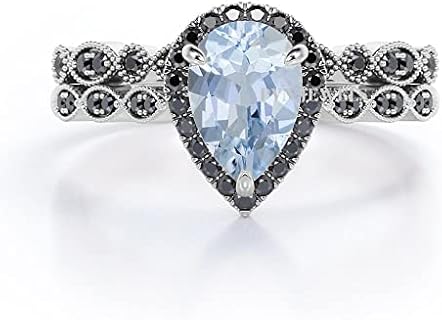 PVN Jewels Pear Shaped Created Aquamarine Halo Engagement Ring Wedding Band Bridal Set in 925 Sterling Silver
