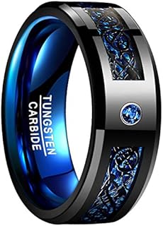 NUNCAD 6mm/8mm Tungsten Carbide Ring for Men Women Black Celtic Dragon and Blue Carbon Fiber Inlay Wedding Band Size 7-17