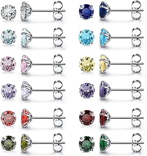 Top Plaza 12 Pairs Stud Earrings Set for Women 316L Surgical Hypoallergenic Stainless Steel Double Piercing Earrings Birthstone Cubic Zirconia CZ Stud Earrings for Women