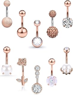 Gold Plated Stainless Steel Crystal Belly Button Rings for Women by Vsnnsns|14G Curved Navel Barbell Body Jewelry Set of 10 Pieces
