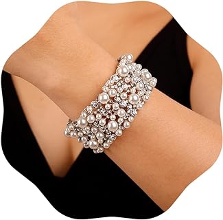 Elegant Pearl Bangle Bracelet with Lobster Claw Clasp and Bead Chain, Ideal Gift for Women and Girls with Sparkly Rhinestone Design