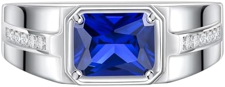Sapphire Ring 925 Sterling Silver Mens Wedding Band Pave 5A Cubic Zirconia Round Cut Blue Gemstone Promise Ring For Him Size 7-14