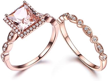 Princess Cut Pink Morganite Diamond Engagement Ring in 14k Rose Gold with Art Deco Bridal Band for Her