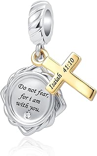 QeenseKc Religious Cross Dangle Charm Bible Verse Quote Scripture Gold Bead for Pandora Bracelet