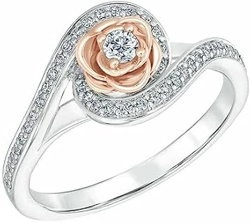 Enchanted Disney Belle 0.8 Ct Round Cut White Diamonds Rose Floral Design Swirl Bypass Design Two Tone Engagement Band Ring for Women in 925 Sterling Silver Two Tone Gold Finish, Mother's Day