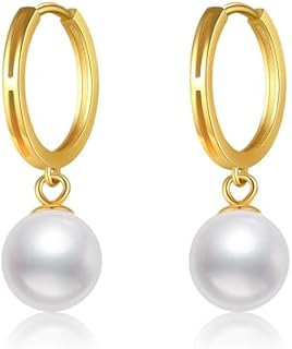 14K Gold Freshwater Cultured Pearl Earrings 14K Gold Pearl Hoop Earrings Dainty Yellow Gold 8MM Pearl Hoop Dangle Drop Earrings for Women Girls Gifts