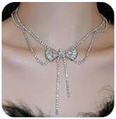Sparkling Zircon Rhinestone Bow Pendant Choker Necklace Double Strand Rhinestone Bow Necklace Crystal Bowknot Pendant Choker Dainty Tennis Chain for Women Girls