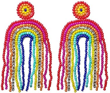 Statement Drop Earrings Rainbow Tassel Beaded Dangle Earrings Gift for Women