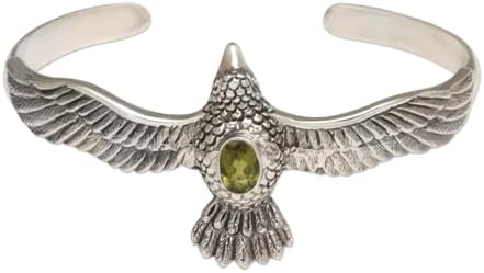 NOVICA Artisan Handmade Peridot Cuff Bracelet Hawk Motif in Sterling Silver Green Indonesia Animal Themed Birthstone Bird [5.75 in L (end to End) x 1.2 in W] ' Spirit Hawk'