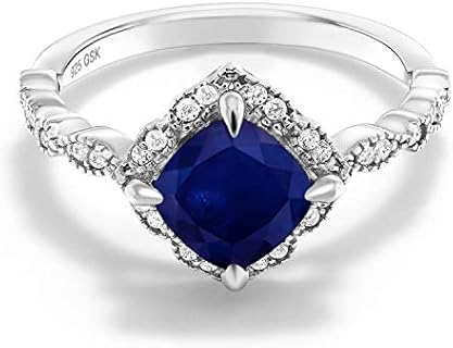 Cushion Cut Blue Sapphire and Moissanite Solitaire Engagement Ring in 925 Sterling Silver for Women, Sizes 5-9