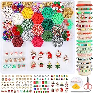 QUEFE Christmas Clay Beads for Bracelet Making, 15 Colors Polymer Clay Beads Spacer Beads Kit, Jewelry Making Kit with Heishi Beads and Elastic Strings,Christmas Crafts Gift for Girls Ages 6-12