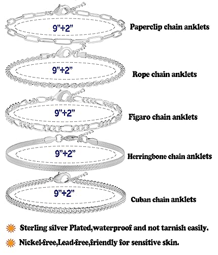 Ankle Bracelet for Women 14K Real Gold Plated/Sterling Silver Plated Anklet Bracelets for Women Waterproof Cuban Link Chain Anklets Set for Women Summer Jewelry for Women 9"+2"